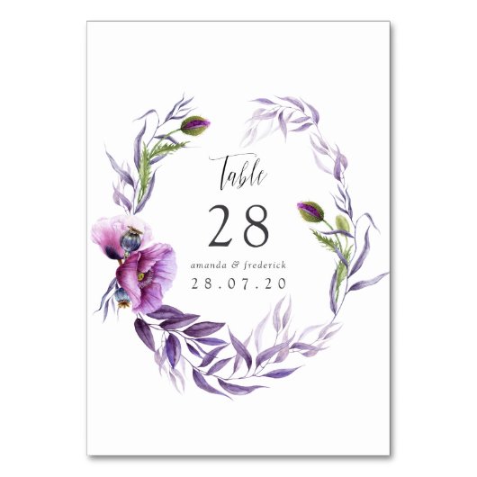 Violet Poppy Floral Wedding Tischnummer (Vorderseite)