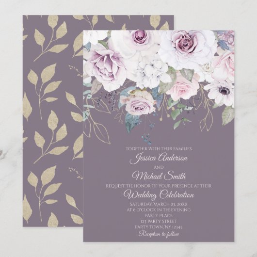 Violet Rose Gold BLÄTTER Blumenkarte Einladung (Vorne/Hinten)