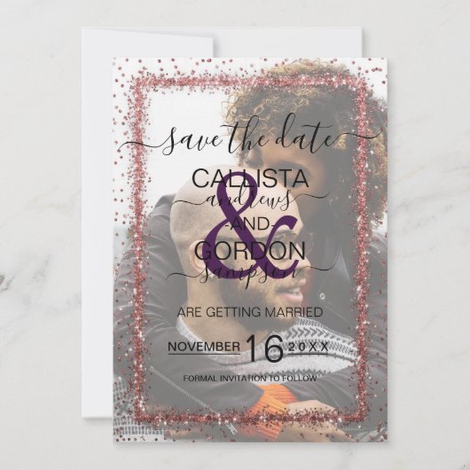 Violet Rose Gold Sprinkled Confetti Foto Hochzeit Save The Date (Vorderseite)