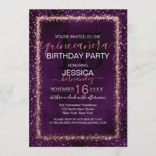 Violet Rose Gold Sprinkled Confetti Quinceañera Einladung