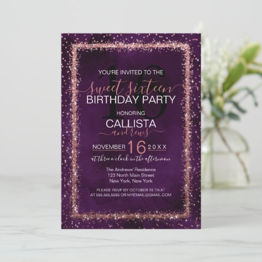 Violet Rose Gold Sprinkled Confetti Sweet 16 Einladung (Stehend Vorderseite)