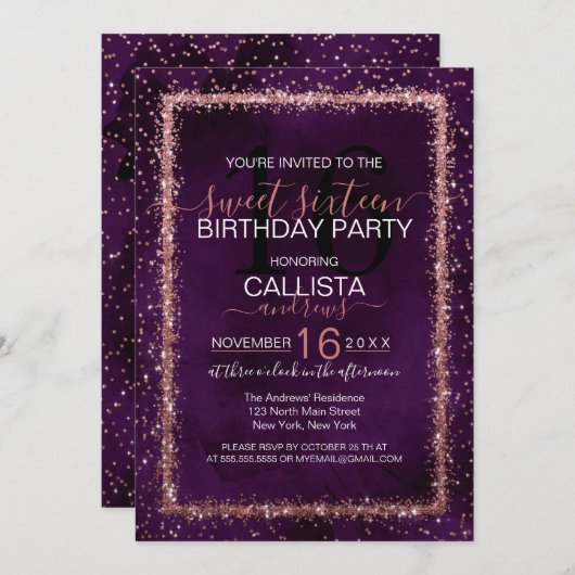 Violet Rose Gold Sprinkled Confetti Sweet 16 Einladung (Vorne/Hinten)