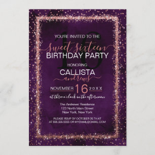 Violet Rose Gold Sprinkled Confetti Sweet 16 Einladung