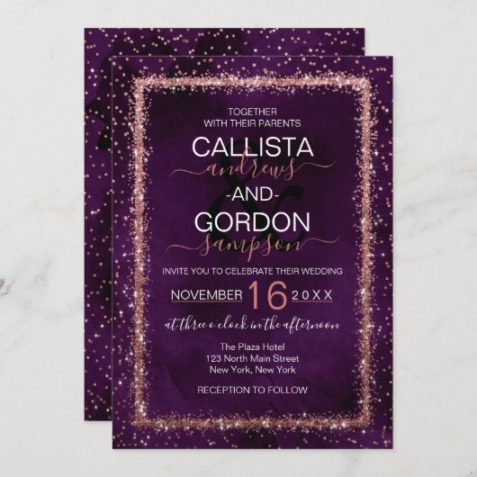 Violet Rose Gold Sprinkled Confetti Wedding Einladung (Vorne/Hinten)
