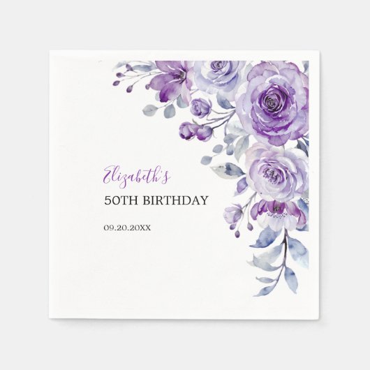 Violet Rose Greenery Floral Geburtstag Serviette (Vorderseite)