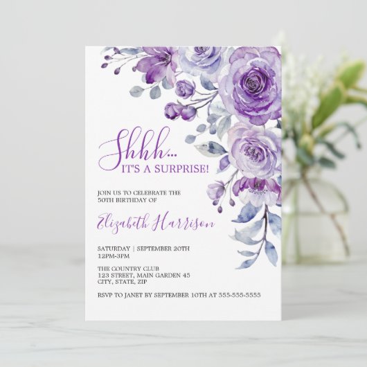 Violet Rose Grüne Blumenüberraschung Geburtstag Einladung (Stehend Vorderseite)