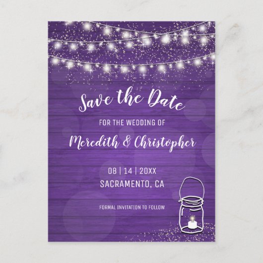 Violet Rustic Mason Jar Wedding Save the Date Ankündigungspostkarte (Vorderseite)