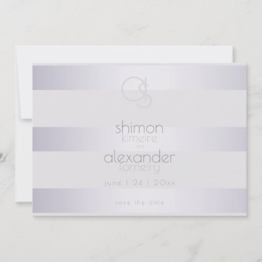Violet Silber Schimmer Streifen Monogramm Save The Date (Vorderseite)