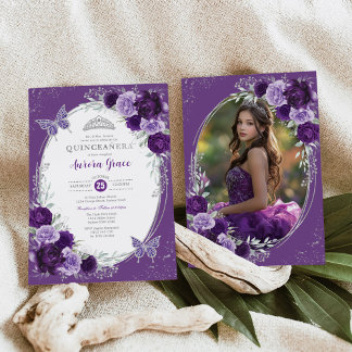 Violet Silver Quinceañera 15. Geburtstag Foto Einladung