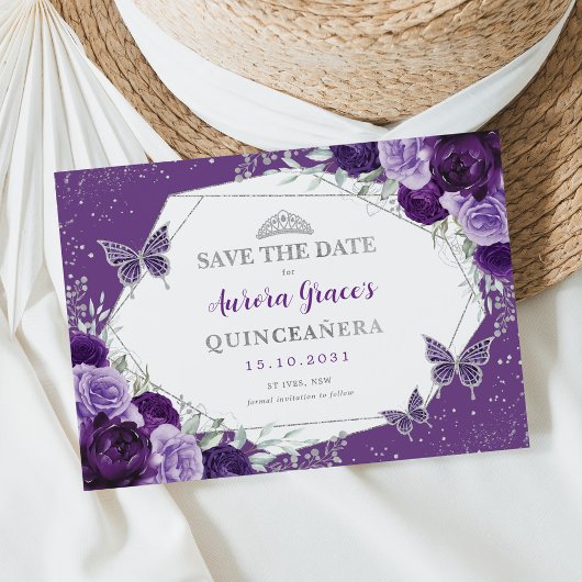 Violet Silver Quinceanera Floral Save the Date Ankündigung