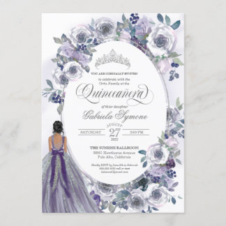 Violet Silver White Watercolor Floral Quinceanera Einladung