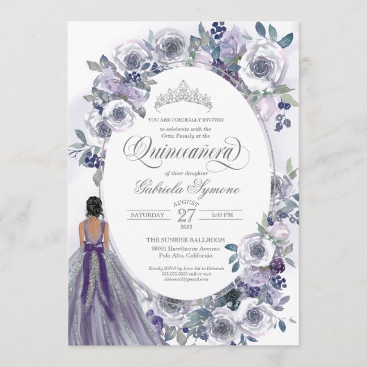 Violet Silver White Watercolor Floral Quinceanera Einladung (Vorderseite)