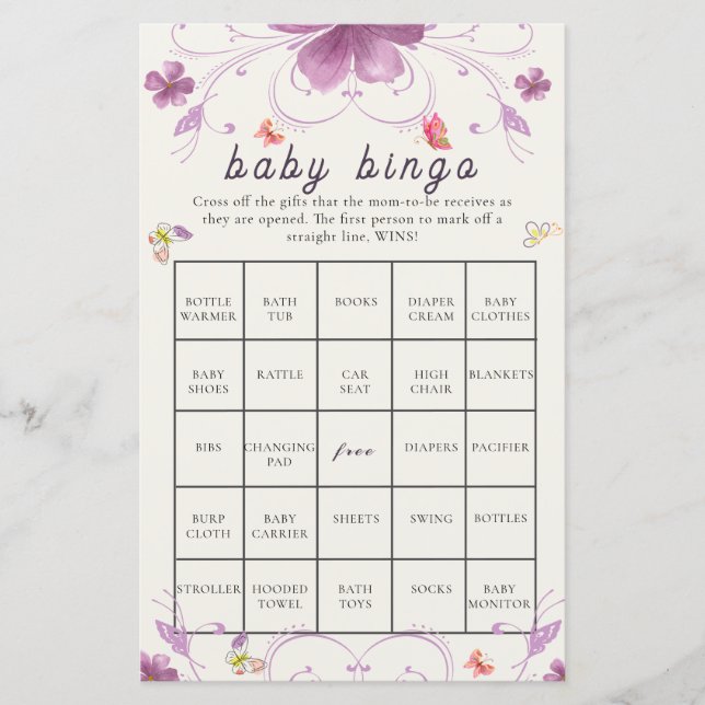 Violet Spring Butterfly Floral Baby Dusche Bingo (Vorderseite)