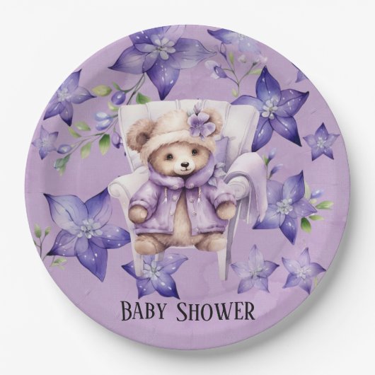 Violet Teddy Bärenstuhl Stars Girl Babydusche Pappteller (Vorderseite)