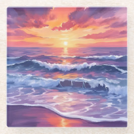 Violet Tide | Lila Sonnenuntergangswellen bemalt Glasuntersetzer