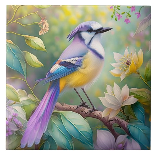 Violet Tufted Jay Fantasy Bird Fliese (Vorderseite)