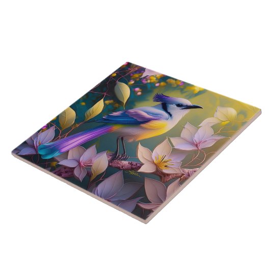 Violet Tufted Yellow Breasted Fantasy Bird Fliese (Seite)