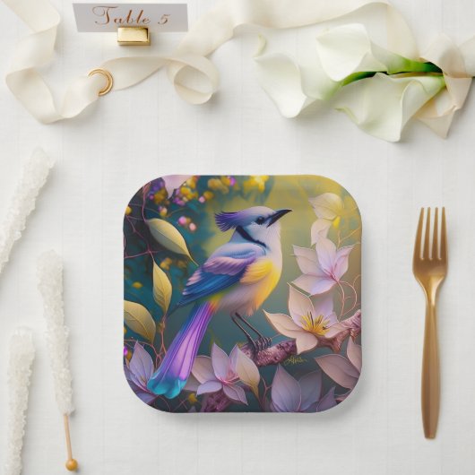 Violet Tufted Yellow Breasted Fantasy Bird Pappteller (Hochzeit)