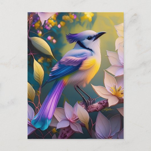 Violet Tufted Yellow Breasted Fantasy Bird Postkarte (Vorderseite)