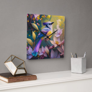 Violet Tufted Yellow Breasted Fantasy Bird Quadratische Wanduhr