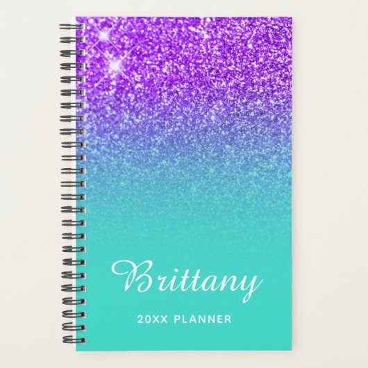 Violet Turquoise Glitzer Ombre Personalisiert Planer (Vorderseite)