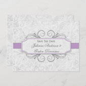 Violet und graue Damaske Save the Date Ankündigungspostkarte (Vorne/Hinten)