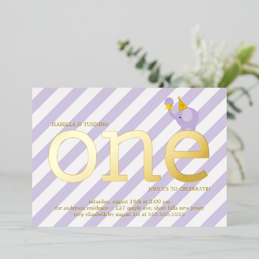 Violet und Imitate Goldene Foil Elefantin Geburtst Folieneinladung (Stehend vorne)