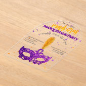 Violet und Orange Glitzern Mask Mardi Gras Party Acryleinladungen (Ablage )