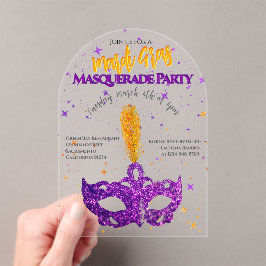 Violet und Orange Glitzern Mask Mardi Gras Party Acryleinladungen