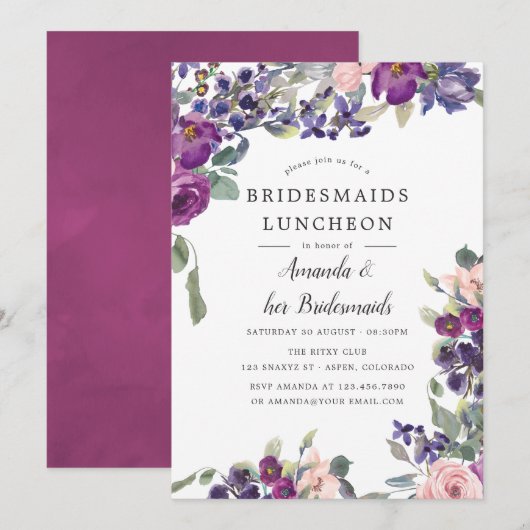Violet und Plum Floral Bridesmaids Luncheon Einladung (Vorne/Hinten)
