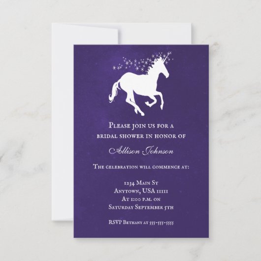 Violet Unicorn Brautparty Einladung (Vorderseite)