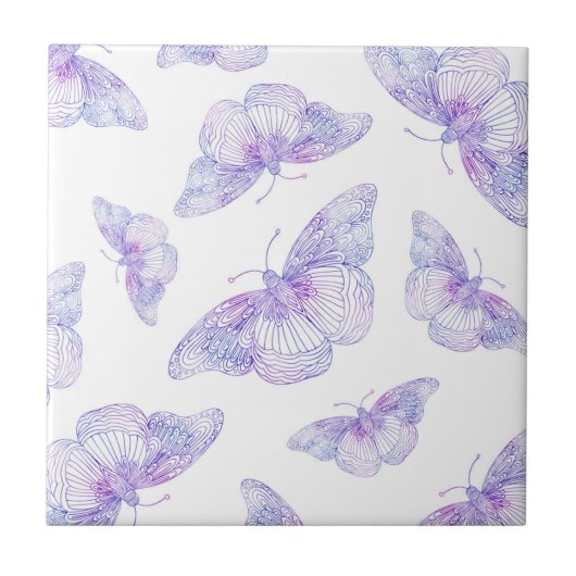 Violet Watercolor Butterfly Pattern Fliese (Vorderseite)