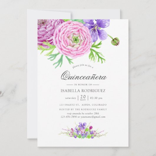 Violet Watercolor Floral Quinceañera Einladung (Vorderseite)