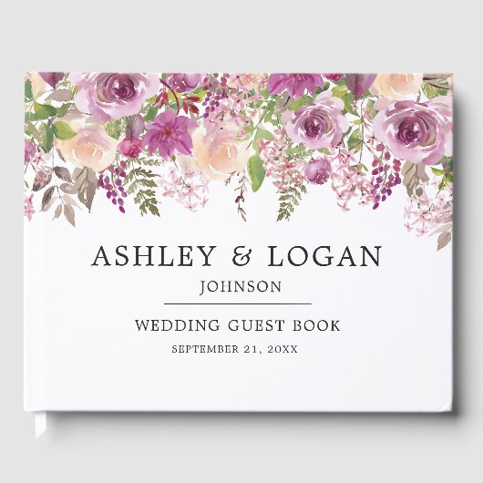 Violet Watercolor Floral Wedding Guest Book Gästebuch (Vorderseite)
