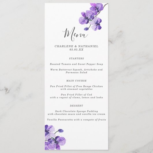 Violet Watercolor Orchid Wedding Menu Menükarte (Vorderseite)