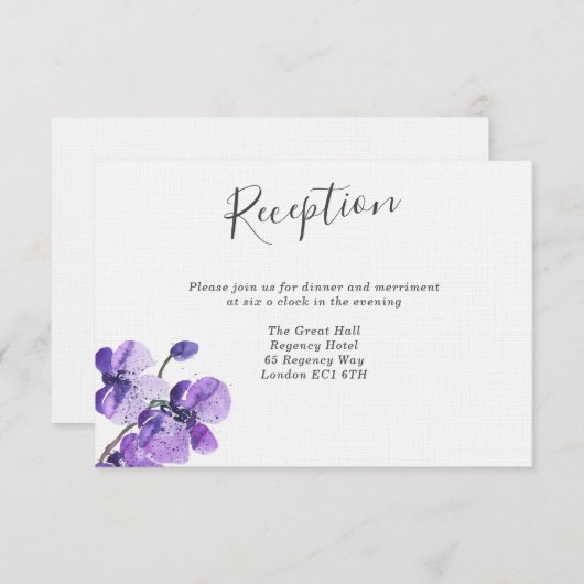 Violet Watercolor Orchideen Hochzeit Empfang Einladung (Vorne/Hinten)