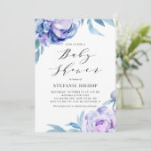 Violet Watercolor Peonies Floral Baby Dusche Einladung (Stehend Vorderseite)