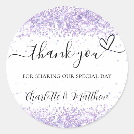 Violet weißen Konfetti danke Ihnen Hochzeit Runder Aufkleber (Vorderseite)