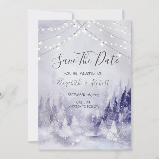 Violet Winter Landscape Snowflakes Save The Date (Vorderseite)