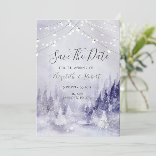 Violet Winter Landscape Snowflakes Save The Date (Stehend Vorderseite)