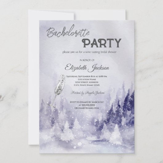 Violet Winter Landschaft Snow Bachelorette Einladung (Vorderseite)