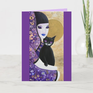 Violet Woman und Cat Whimsical Art Karte