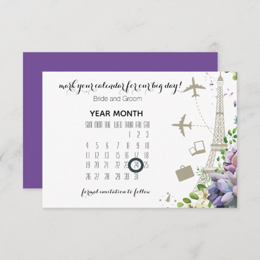 Violetblüte und Hochzeit mit Reisegedanken Save The Date (Vorne/Hinten)