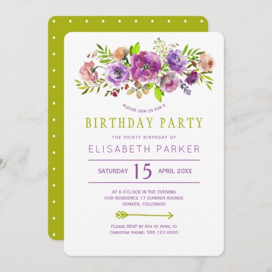 Violetgrün rustikal blühende böhmische Geburtstags Einladung (Vorne/Hinten)