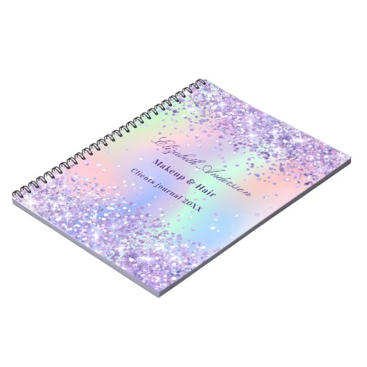 Violetlavender holografische Namensgeschäft Notizblock (Linke Seite)