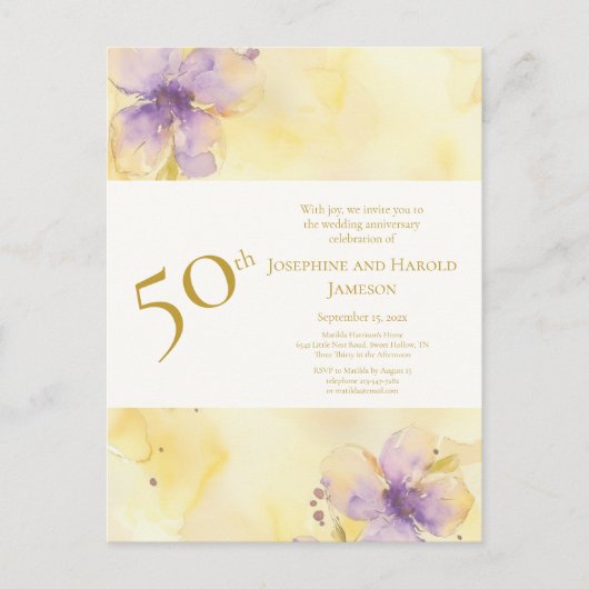 Violets Gold 50. Hochzeitstag Einladung Postkarte (Vorderseite)