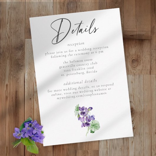 Violets Watercolor Minimalist Elegant Wedding Begleitkarte