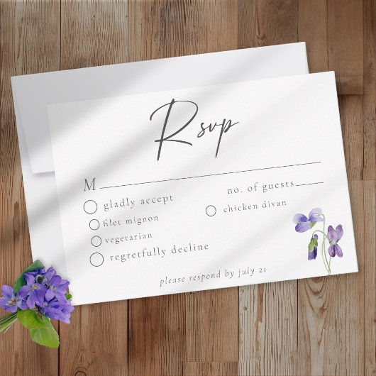 Violets Watercolor Minimalist Elegant Wedding RSVP Karte