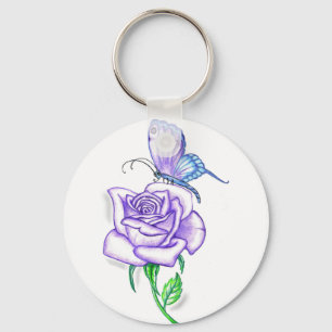 Violetschmetterling mit Rose Schlüsselanhänger