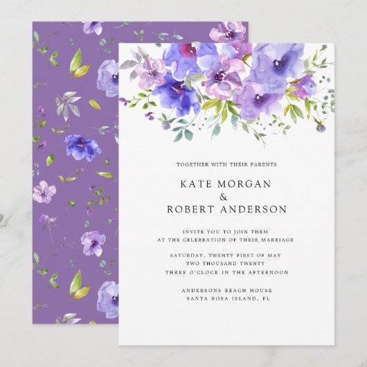 Violett-Aquarell-Doppelmonogramm Einladung (Vorne/Hinten)